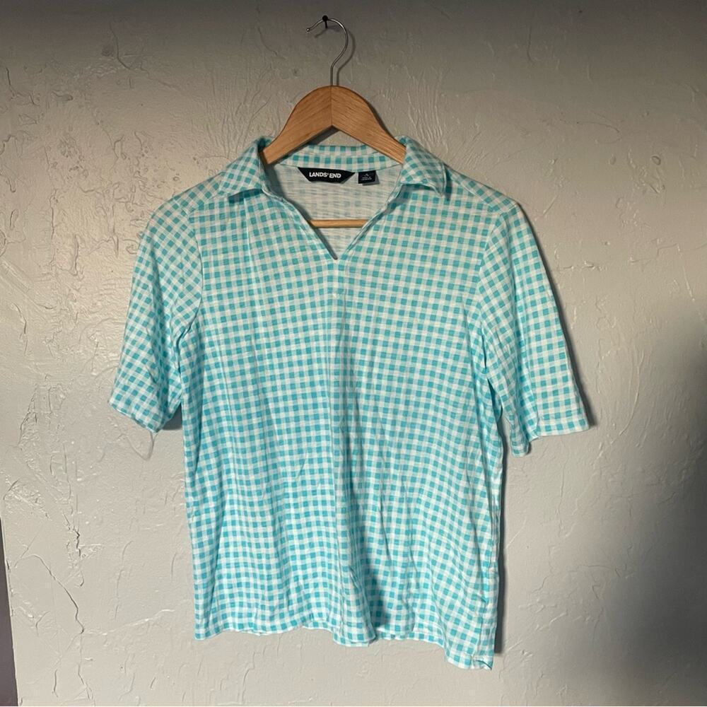 Lands' End Blue Polo Shirt Classic Preppy Gingham Picnic Size Small Golf